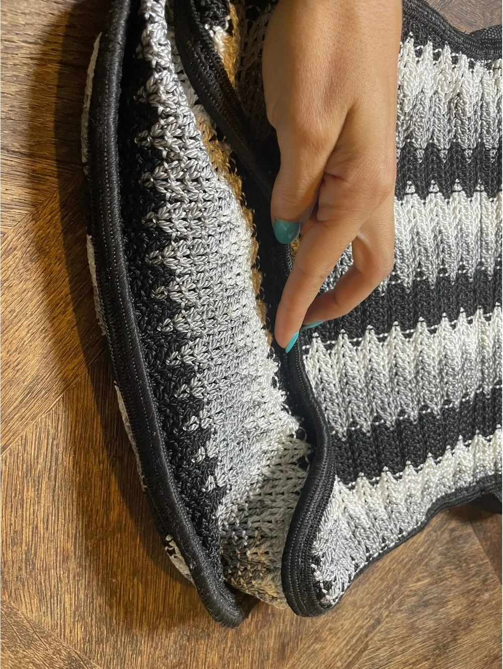 Cottage core boho style black, gray and white woven crossbody purse
